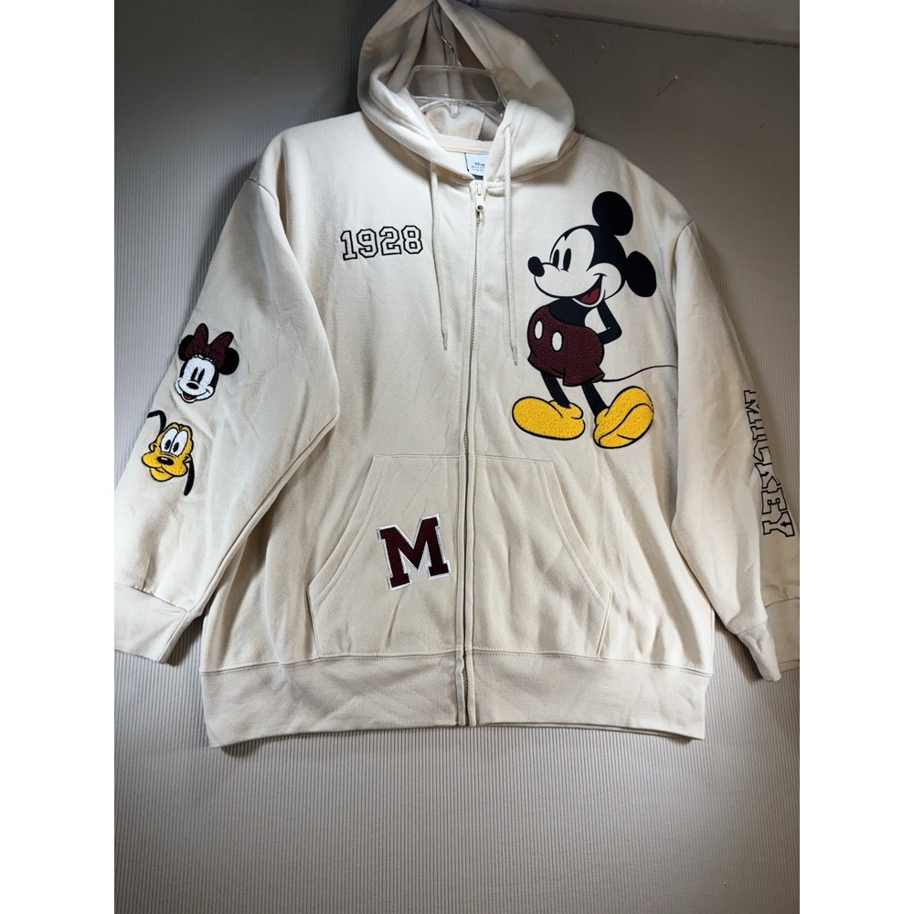 Disney Mickey Mouse Zip Up Hooded Jacket Cream Vintage 1928 Patch XL NWOT